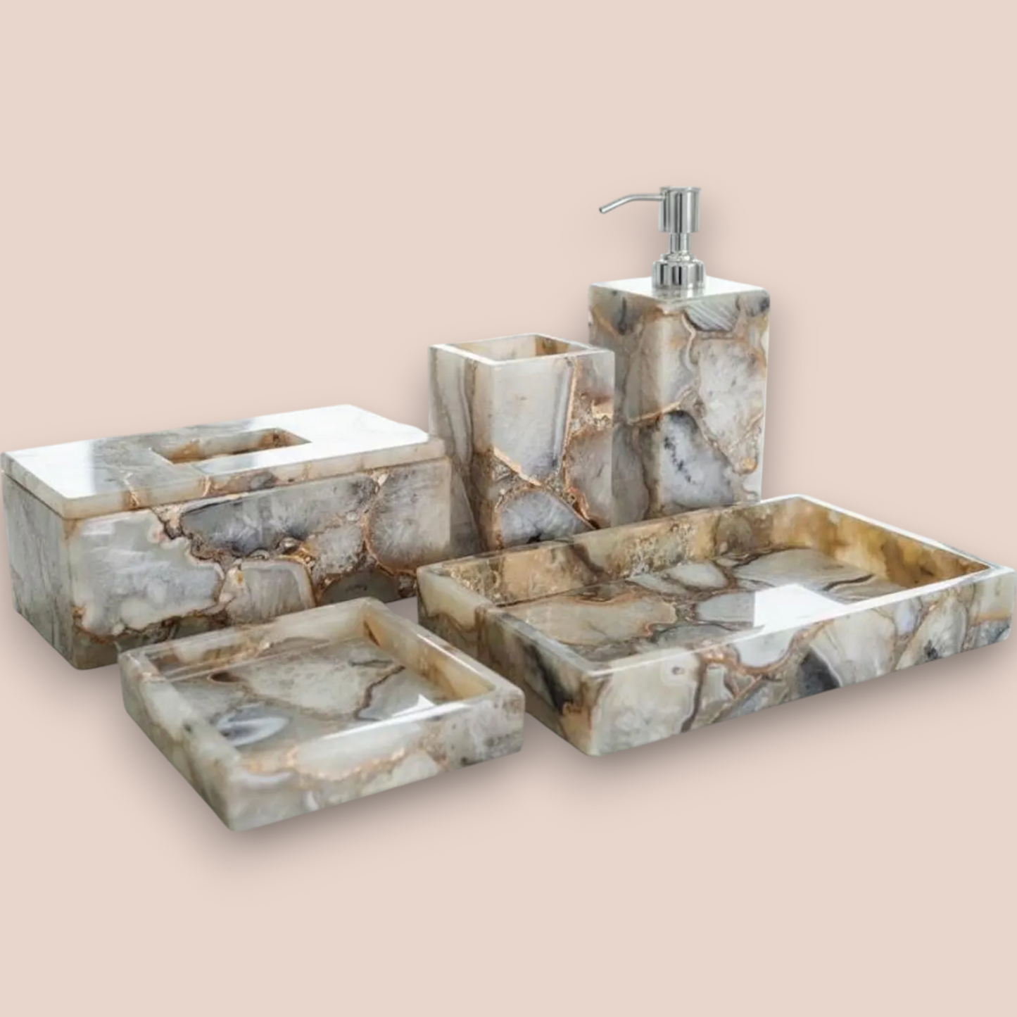 Natural Crystal Agate Bathroom Accessory Set | 5-Piece Hand-Assembled Stone Collection