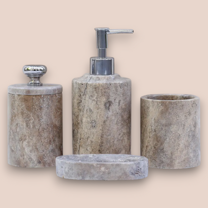 Silver Coffee Travertine Bathroom Accessory Set | 5-Piece Natural Stone Collection