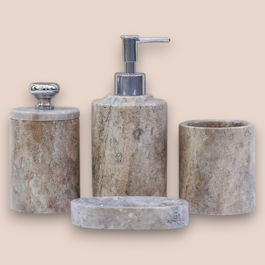 Silver Coffee Travertine Bathroom Accessory Set | 5-Piece Natural Stone Collection