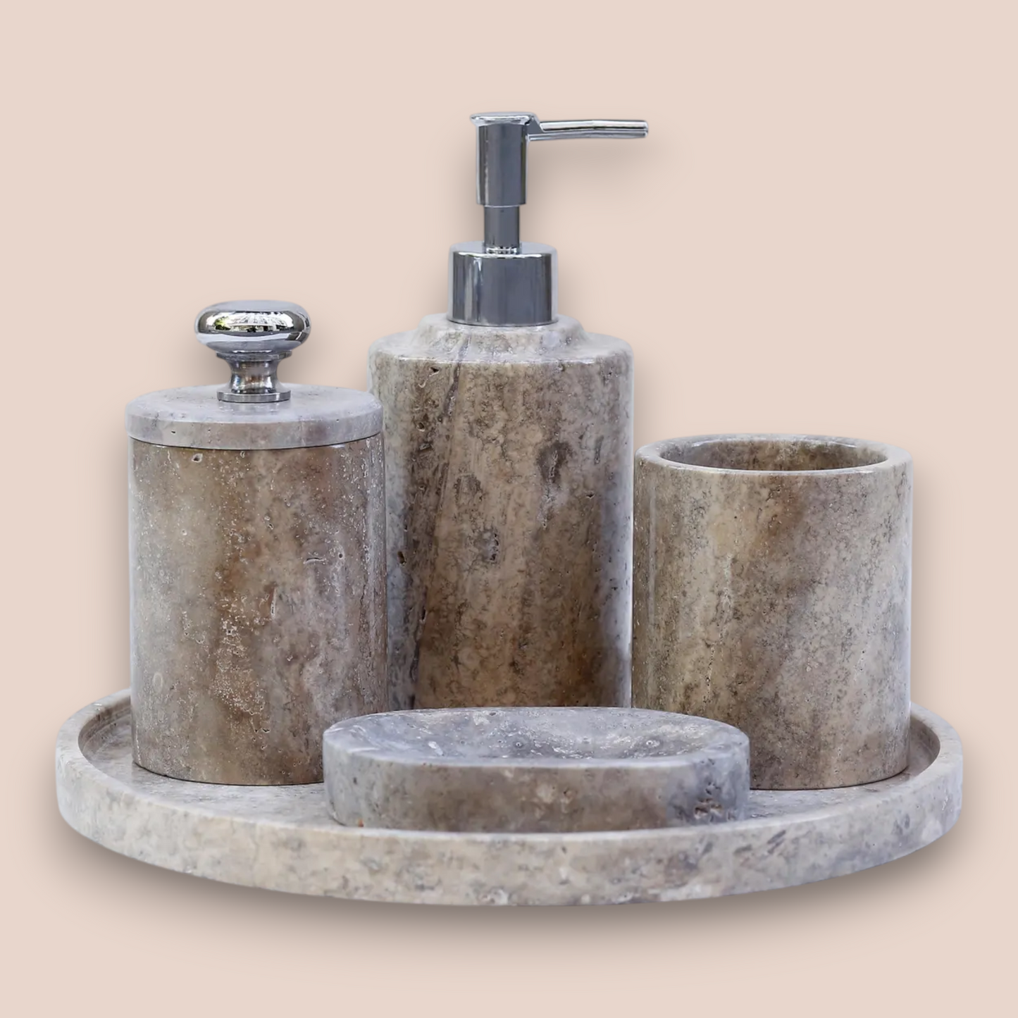 Silver Coffee Travertine Bathroom Accessory Set | 5-Piece Natural Stone Collection