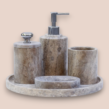 Silver Coffee Travertine Bathroom Accessory Set | 5-Piece Natural Stone Collection