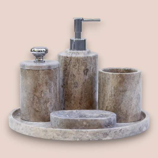 Silver Coffee Travertine Bathroom Accessory Set | 5-Piece Natural Stone Collection