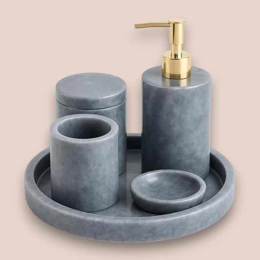 Cloud Grey Marble Bathroom Accessory Set | 5-Piece Natural Stone Collection with Round Tray
