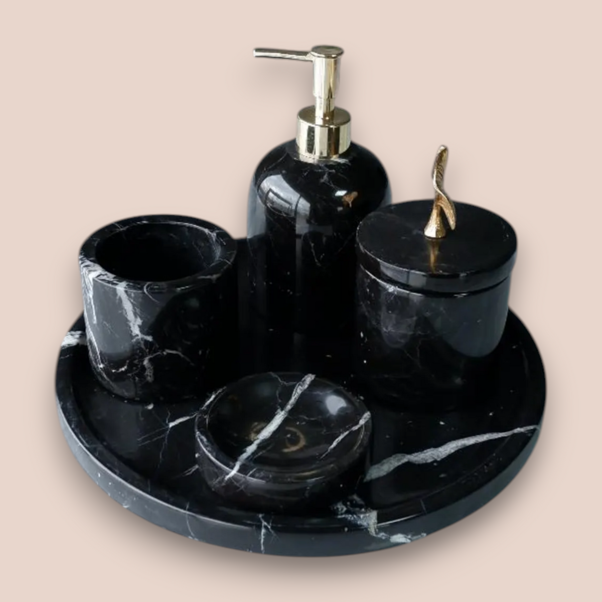 Modern Midnight Black Marble Bathroom Set | 5-Piece Stone Collection with Gold Accents