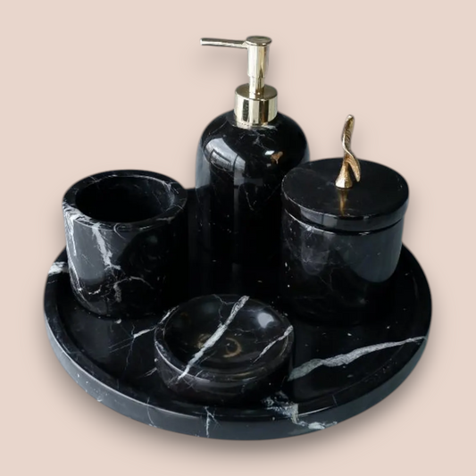 Modern Midnight Black Marble Bathroom Set | 5-Piece Stone Collection with Gold Accents
