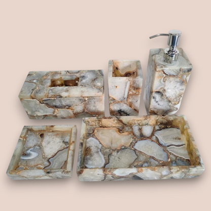 Natural Crystal Agate Bathroom Accessory Set | 5-Piece Hand-Assembled Stone Collection