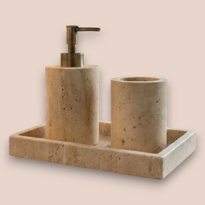 White Travertine Bathroom Accessory Set | 3-Piece Natural Stone Collection
