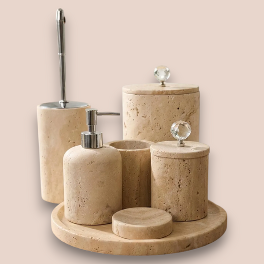 Beige Travertine Bathroom Accessory Set | 7-Piece Natural Stone Collection with Crystal Accents