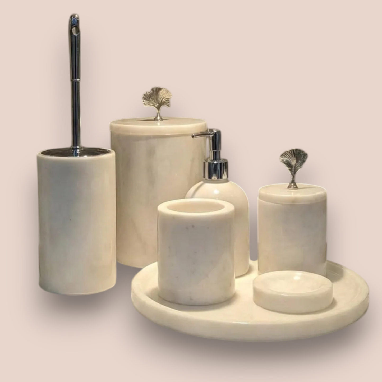 Elegant White Marble Bathroom Set | 7-Piece Natural Stone Collection with Silver Leaf Accents