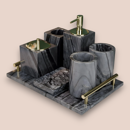 Modern Grey Marble Bathroom Accessory Set | 7-Piece Stone Collection with Gold Accents