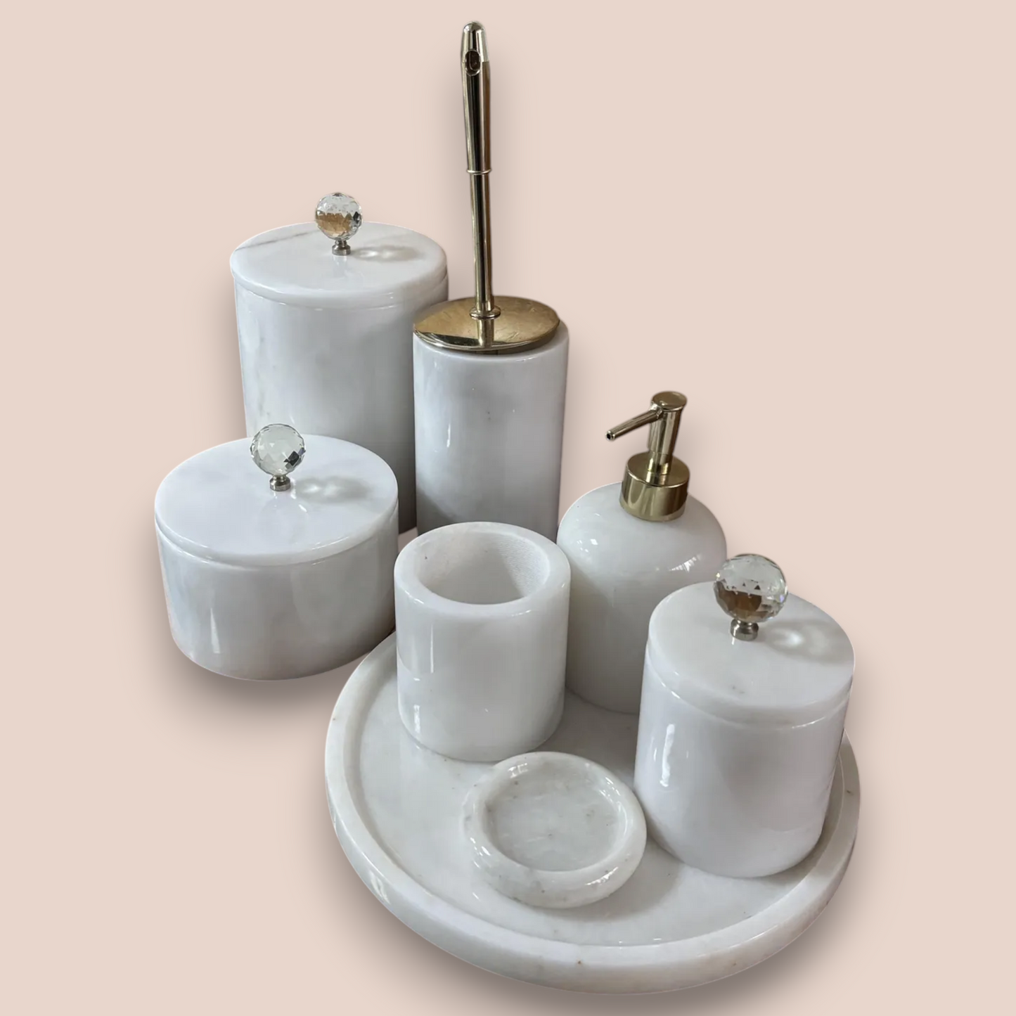White Marble Bathroom Accessory Set | 7-Piece Natural Stone Collection with Crystal Accents