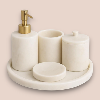 White Carrara Marble Bathroom Set | 5-Piece Natural Stone Collection with Brushed Brass Accents