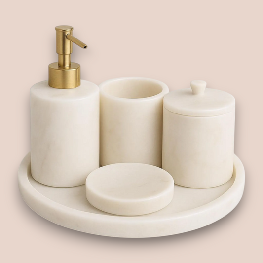White Carrara Marble Bathroom Set | 5-Piece Natural Stone Collection with Brushed Brass Accents