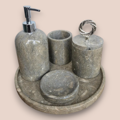 Rustic Grey Marble Bathroom Accessory Set | 5-Piece Stone Collection with Silver Accents