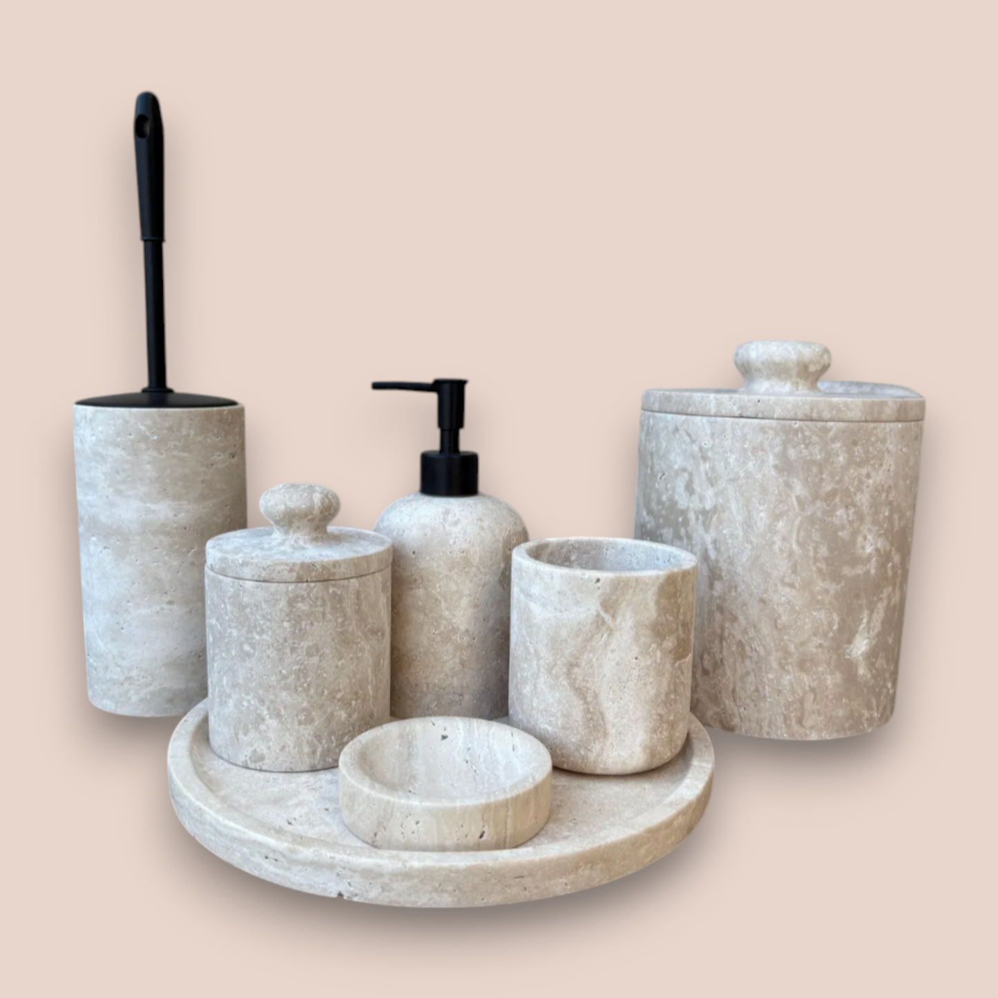 Earth Tone Travertine Bathroom Set | 7-Piece Natural Stone Collection with Matte Black Accents