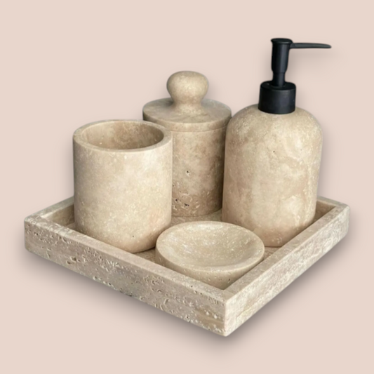 Beige Travertine Bathroom Accessory Set | 5-Piece Natural Stone Collection with Square Tray