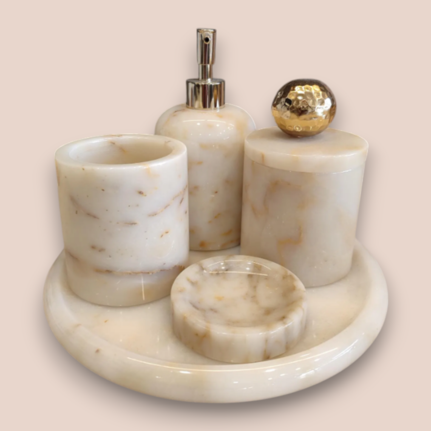 Golden Vein White Marble Bathroom Set | 5-Piece Natural Stone Collection with Hammered Gold Accents