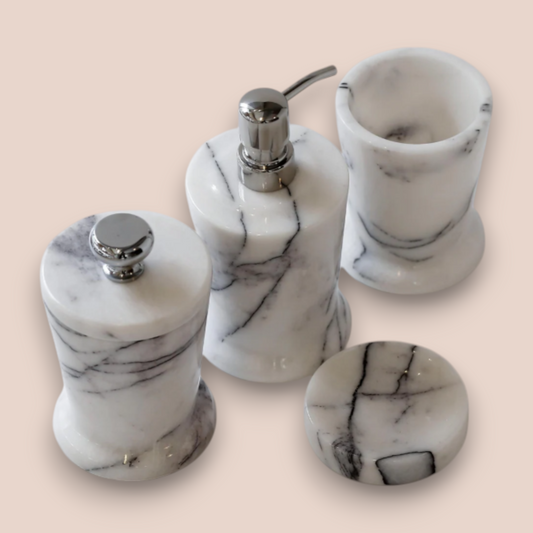 Classic White Veined Marble Bathroom Accessory Set | 5-Piece Stone Collection with Oval Tray