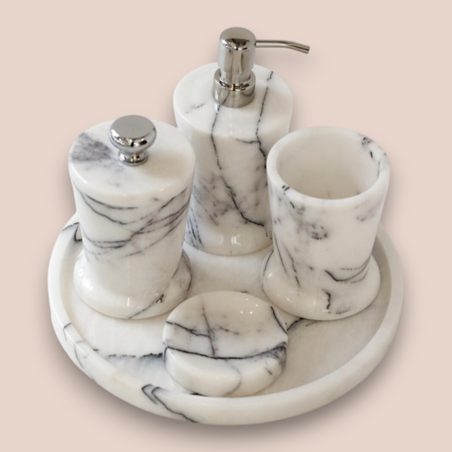 Classic White Marble Bathroom Accessory Set | 5-Piece Carrara Style Stone Collection