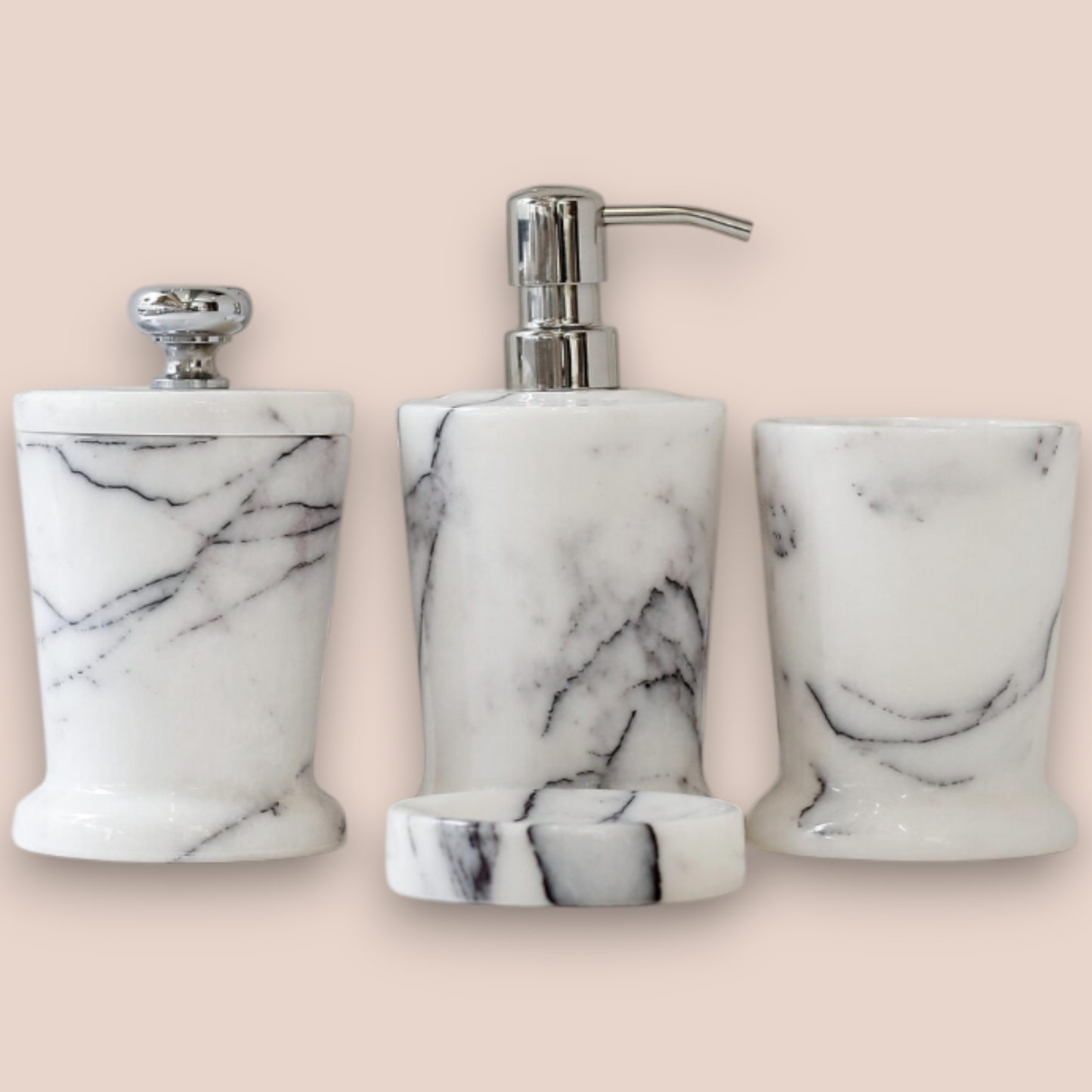 Classic White Veined Marble Bathroom Accessory Set | 5-Piece Stone Collection with Oval Tray