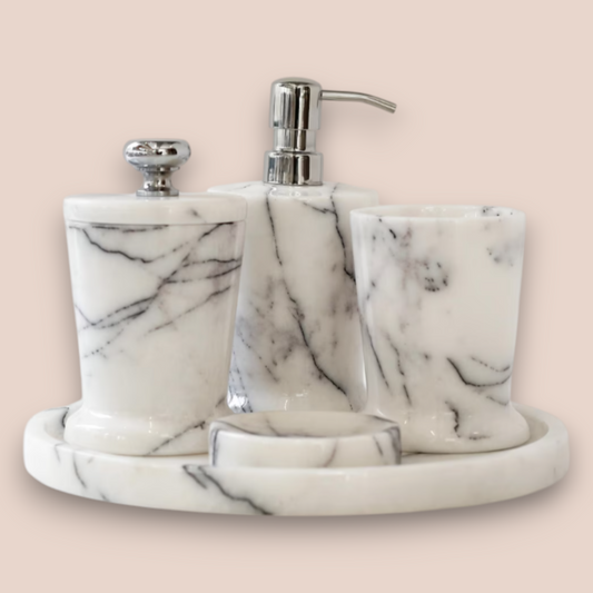 Classic White Marble Bathroom Accessory Set | 5-Piece Carrara Style Stone Collection