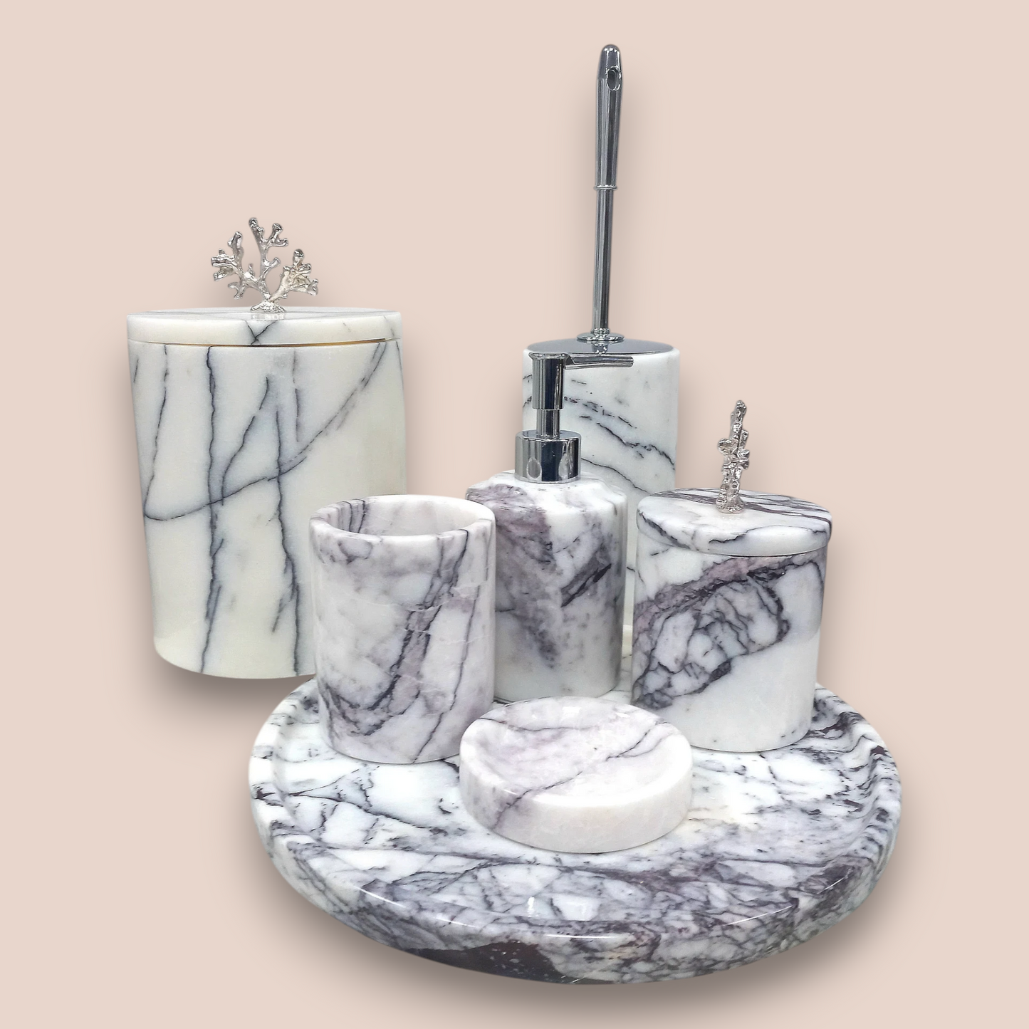Lilac Veined Marble Bathroom Set | 7-Piece Stone Collection with Coral Accents