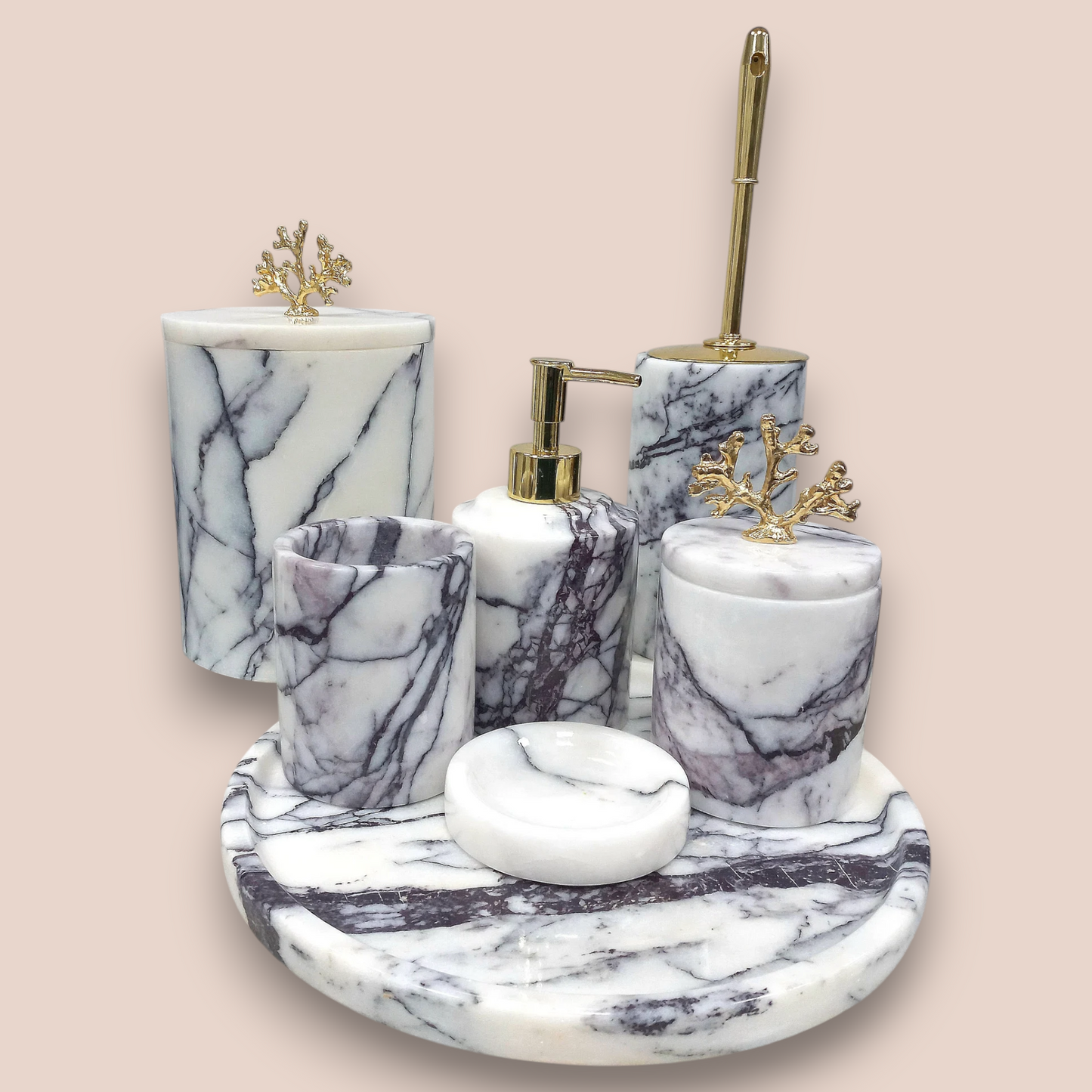 Lilac Veined Marble Bathroom Set | 7-Piece Stone Collection with Gold Coral Accents