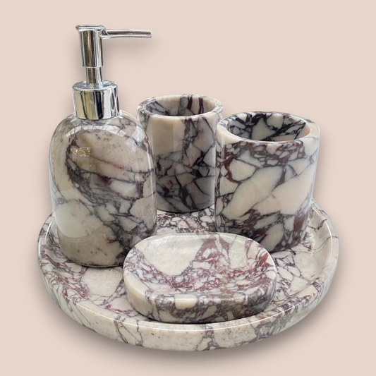 Calacatta Viola Style Marble Bathroom Set | 5-Piece Natural Stone Collection with Round Tray