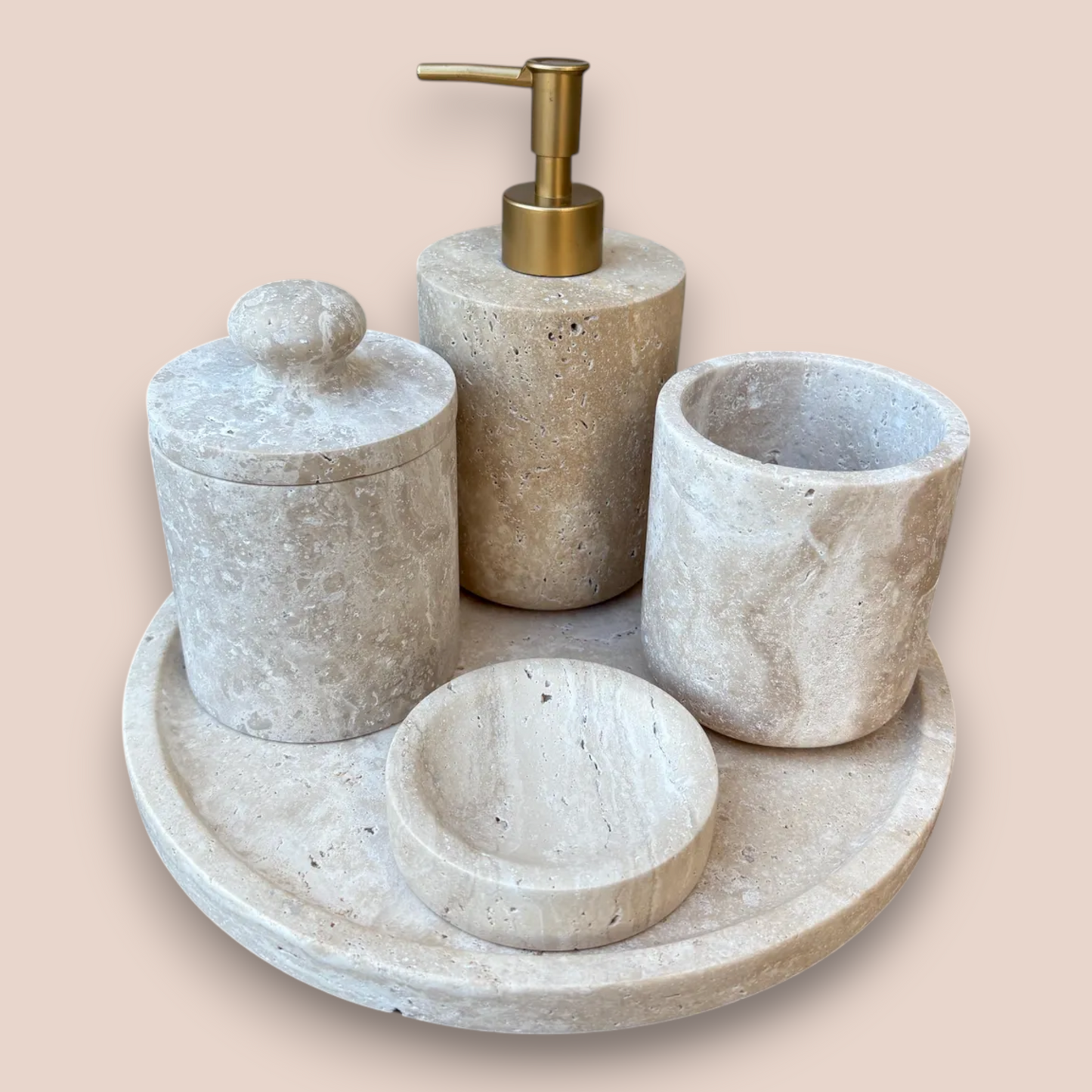 Hand-Carved Beige Travertine Bathroom Accessory Set | 5-Piece Natural Stone Collection