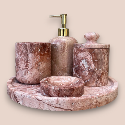 Pink Marble Bathroom Accessory Set | 5-Piece Hand-Carved Stone Collection | Gold