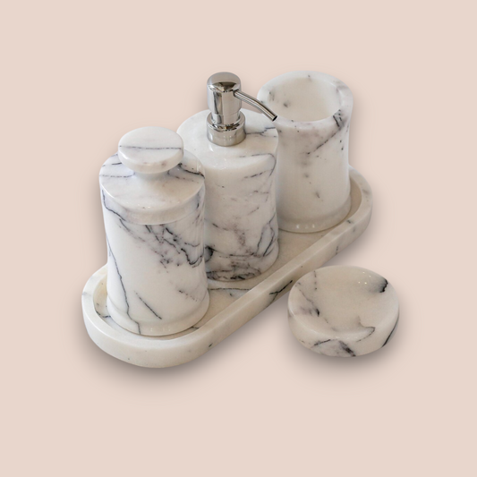 Classic White Veined Marble Bathroom Accessory Set | 5-Piece Stone Collection with Oval Tray