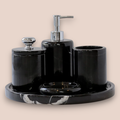 Modern Black Marble Bathroom Accessory Set | 5-Piece Nero Marquina Stone Collection