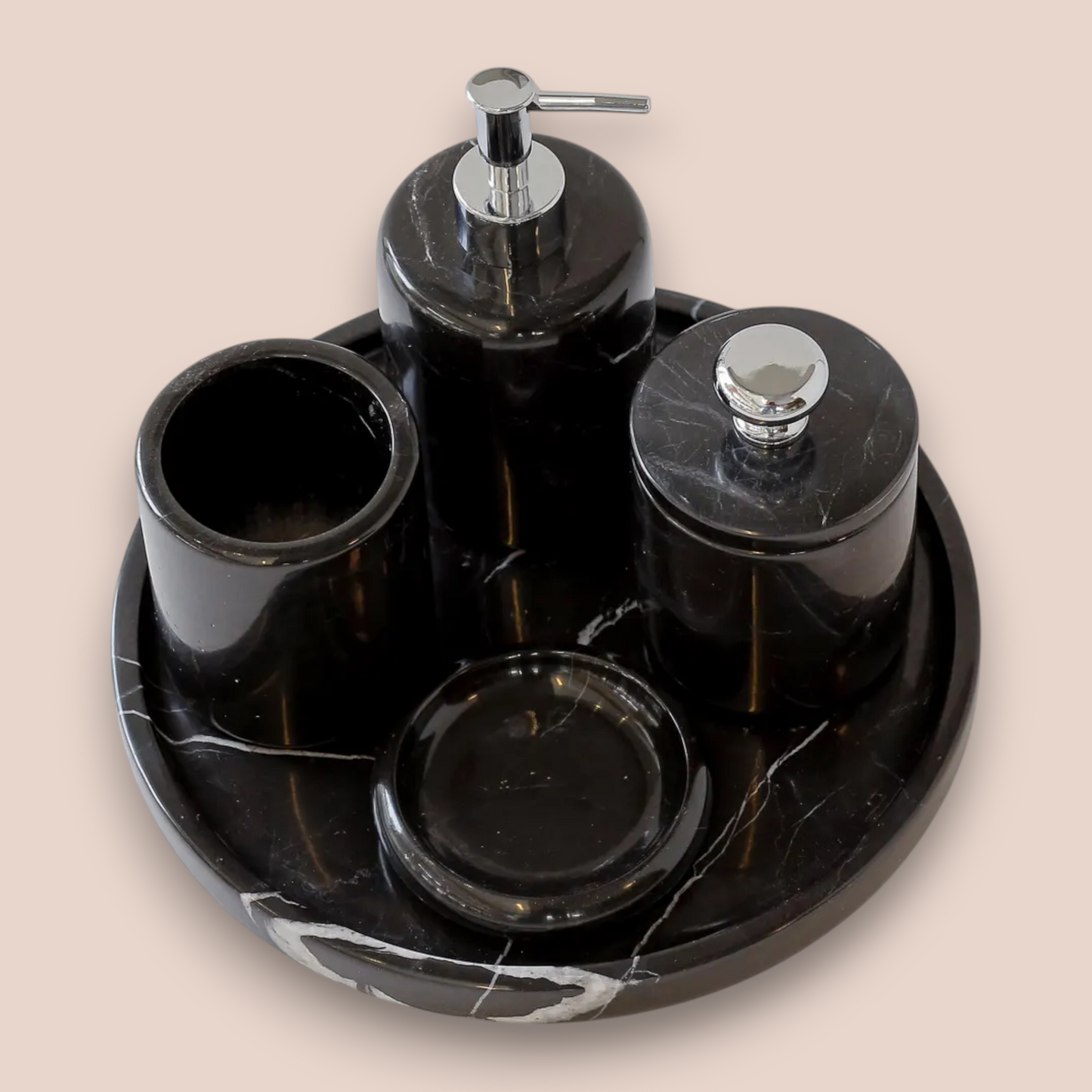 Modern Black Marble Bathroom Accessory Set | 5-Piece Nero Marquina Stone Collection