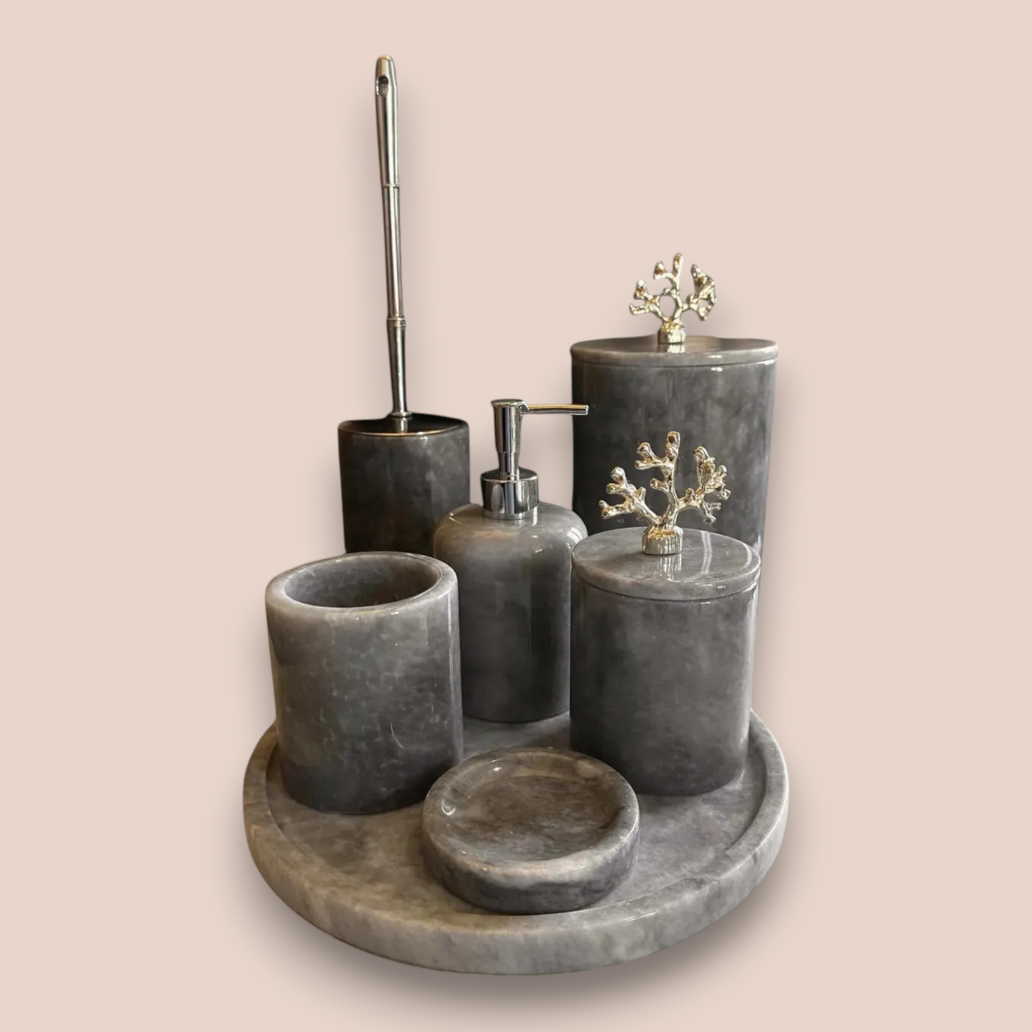 Storm Grey Marble Bathroom Accessory Set | 7-Piece Natural Stone Collection with Coral Accents