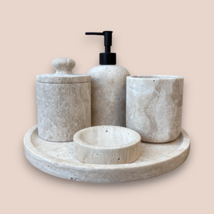 Hand-Carved Travertine Bathroom Accessory Set | 5-Piece Stone Vanity Collection