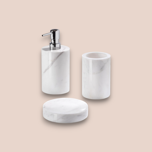Classic White Marble Bathroom Accessory Set | 3-Piece Minimalist Stone Collection