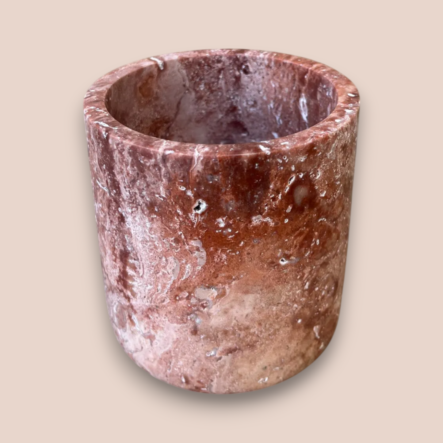 Pink Marble Bathroom Accessory Set | 5-Piece Hand-Carved Stone Collection | Gold