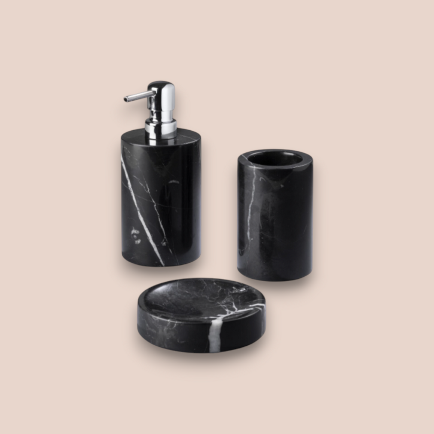 Black Marble Bathroom Accessory Set | 4-Piece Hand-Carved Stone Collection