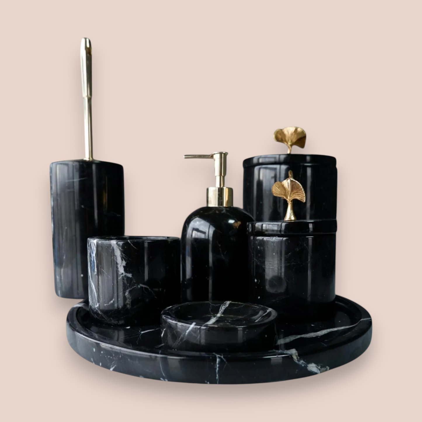 Midnight Black Marble Bathroom Set | 7-Piece Stone Collection with Gold Leaf Accents