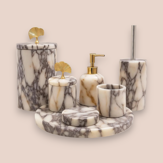 Calacatta Viola Marble Bathroom Set | 7-Piece Natural Stone Collection with Gold Ginkgo Accents