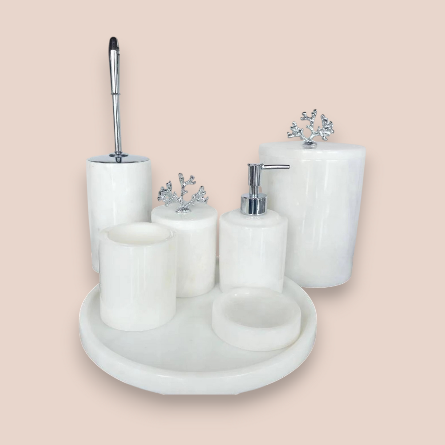Pure White Marble Bathroom Set | 7-Piece Natural Stone Collection with Silver Coral Accents