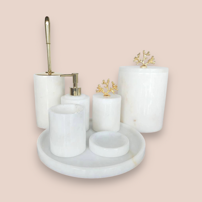 Pure White Marble Bathroom Accessory Set | 7-Piece Natural Stone Collection with Gold Coral Accents