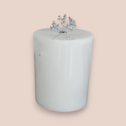 Pure White Marble Bathroom Set | 7-Piece Natural Stone Collection with Silver Coral Accents