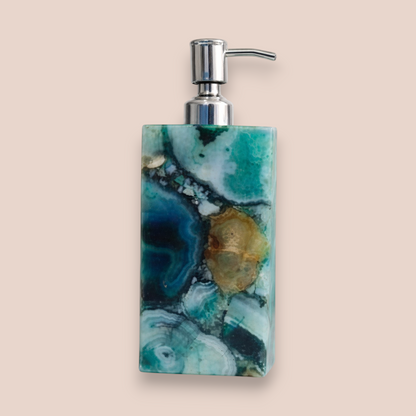 Natural Blue Agate Soap Dispenser | Rectangular Stone Vanity Accessory with Polished Silver Pump