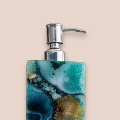 Natural Blue Agate Soap Dispenser | Rectangular Stone Vanity Accessory with Polished Silver Pump
