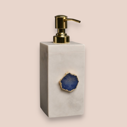 White Marble Soap Dispenser with Blue Agate Accent | Rectangular Stone Accessory with Gold Pump