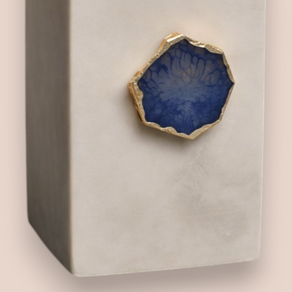 White Marble Soap Dispenser with Blue Agate Accent | Rectangular Stone Accessory with Gold Pump