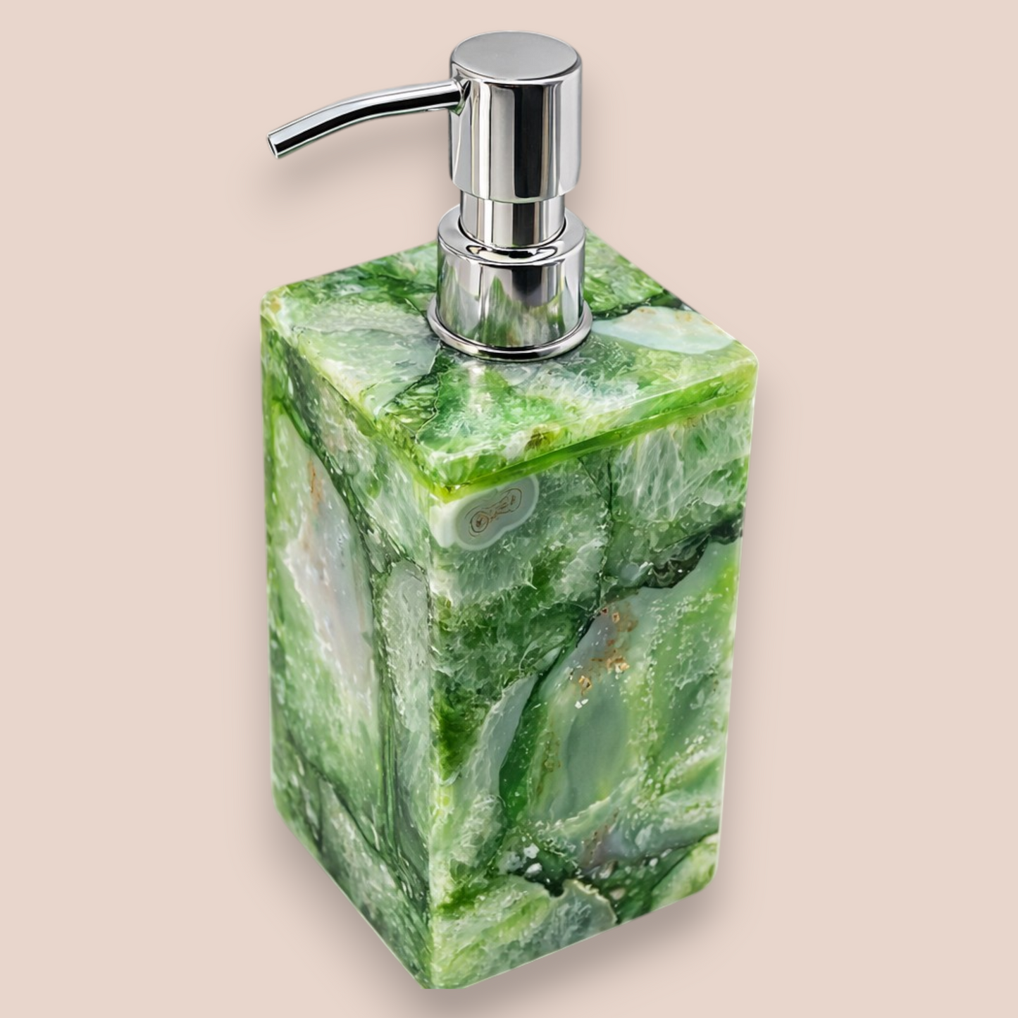 Natural Green Agate Soap Dispenser | Rectangular Stone Vanity Accessory with Polished Silver Pump