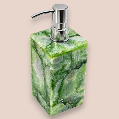 Natural Green Agate Soap Dispenser | Rectangular Stone Vanity Accessory with Polished Silver Pump