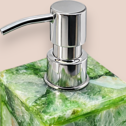 Natural Green Agate Soap Dispenser | Rectangular Stone Vanity Accessory with Polished Silver Pump